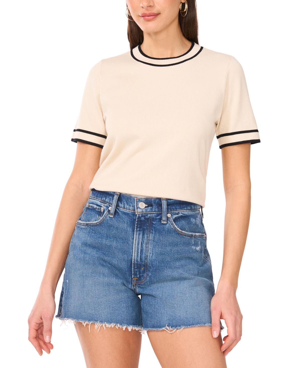 Women's Striped-Edge Short-Sleeve Sweater - Eucalyptus