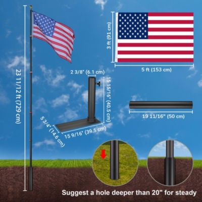 EZ GO 25ft Telescopic Flag Pole Kit Wheel Tire Mount Stand Upgrade Rotating Lock Outdoor Camper RV Tailgate Black