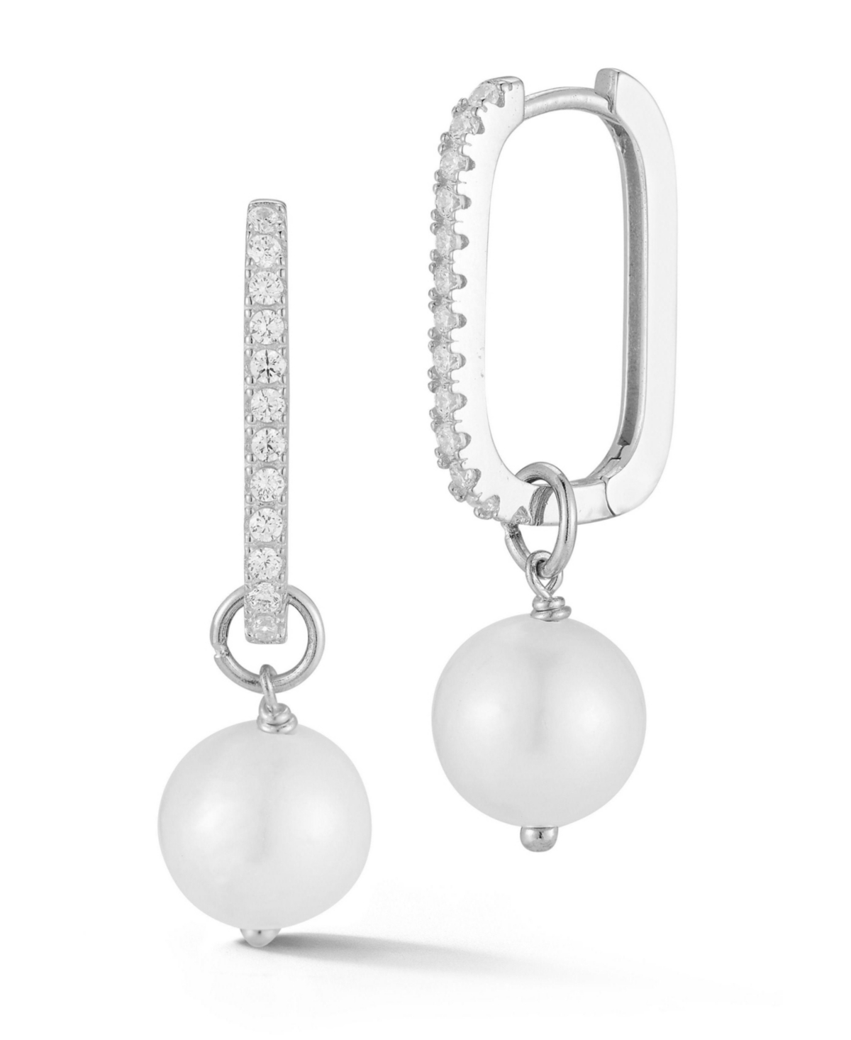 Sterling Silver Pearl Charm Square Hoop Earrings - Silver