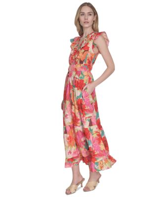 Women's Floral-Print Ruffled-Shoulder Dress