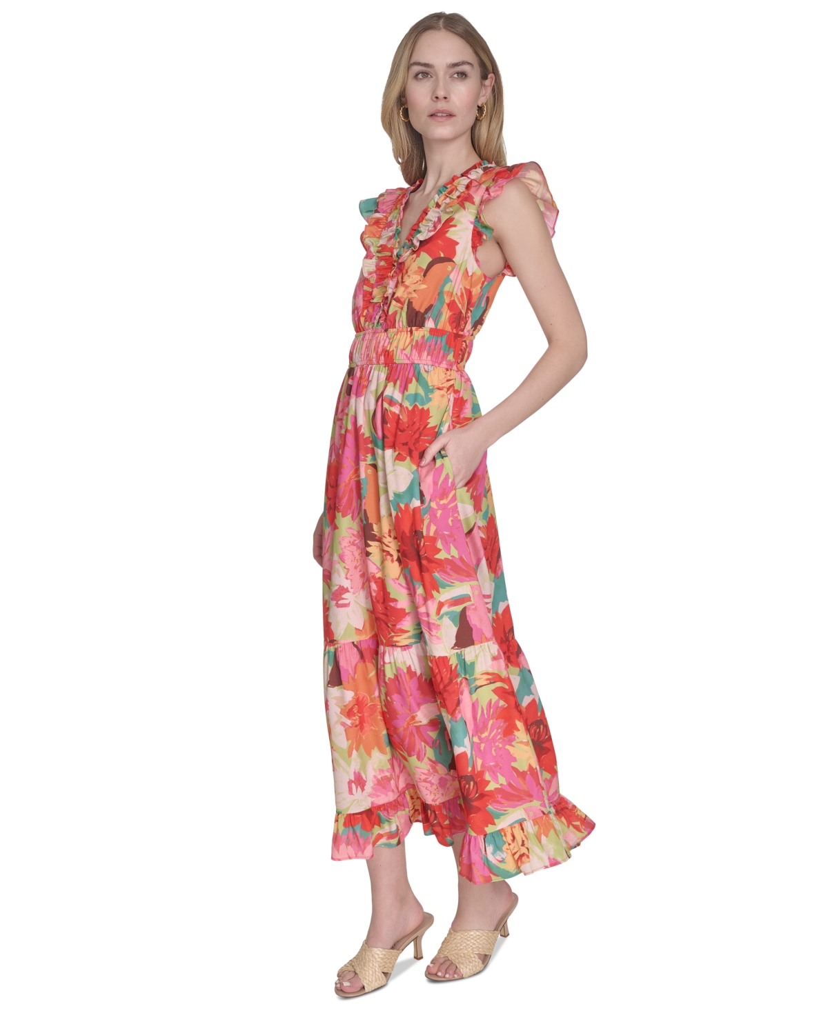 Vince Camuto Plus Size Printed Ruffle Flutter-sleeve Tiered Midi Dress In Multi