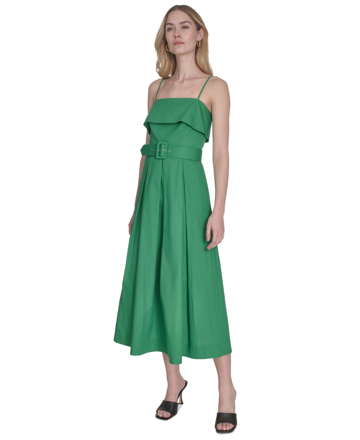 Vince Camuto Women's Cotton Belted Foldover-neck Midi Dress In Grn