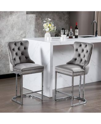 Set of 2 Velvet Counter Height Stools, 25.2" Kitchen Island Chairs with Button Tufted Back, Rivet Trim and Chrome Metal Base