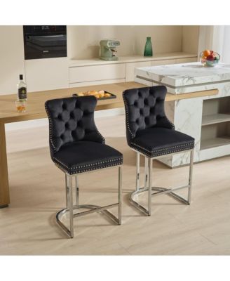 Set of 2 Velvet Counter Height Stools, 25.2" Kitchen Island Chairs with Button Tufted Back, Rivet Trim and Chrome Metal Base