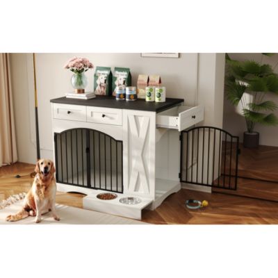 43.3inch Farmhouse Dog Crate Furniture Heavy Duty Dog Kennel with 3 Drawers and Feeder White