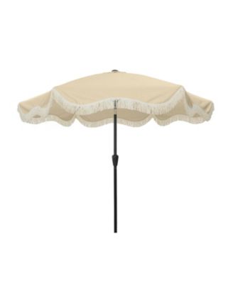 9 Ft Fashionable Boho Vintage Tassels Print Patio Umbrella with Push Button Tilt Pole