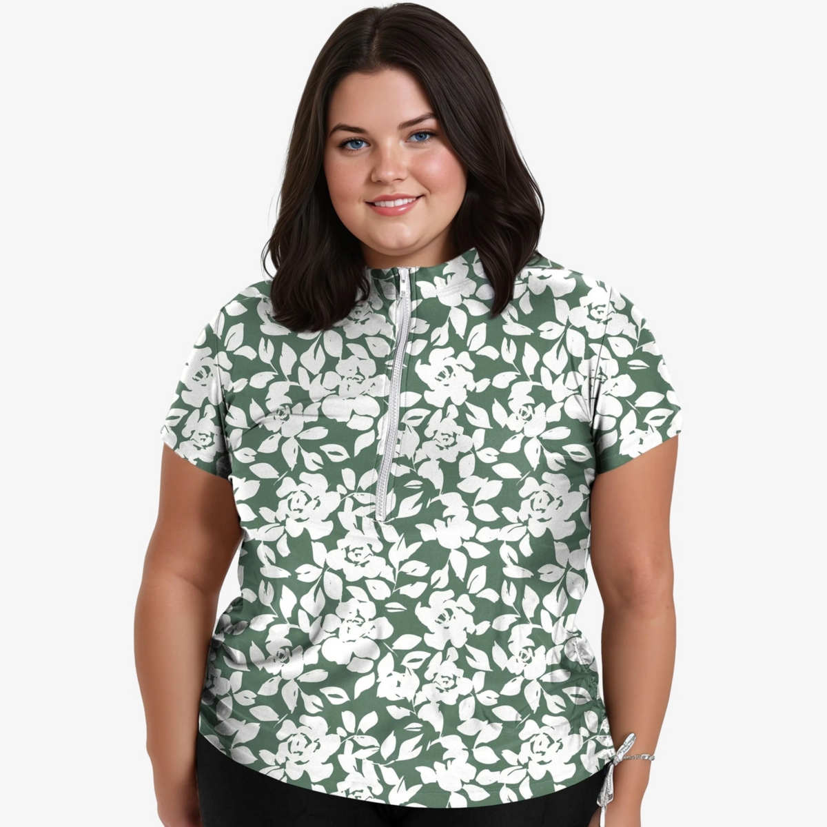 Plus Size Half-Zip Adele Swim Top - Sage green roses
