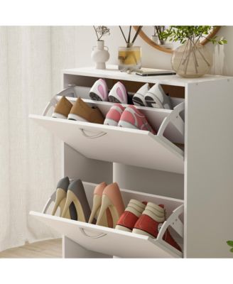 Wooden 3-door white shoe cabinet, shutter door drawers, multi-purpose shoe rack with adjustable shelves
