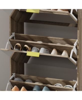 Wooden 3-door natural shoe cabinet,Mirror door panel, multi-purpose shoe rack with metal handles