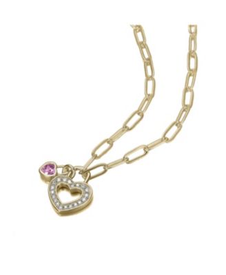 Plated with Colored Cubic Zirconia Paperclip Chain Heart Lock Pendant Necklace