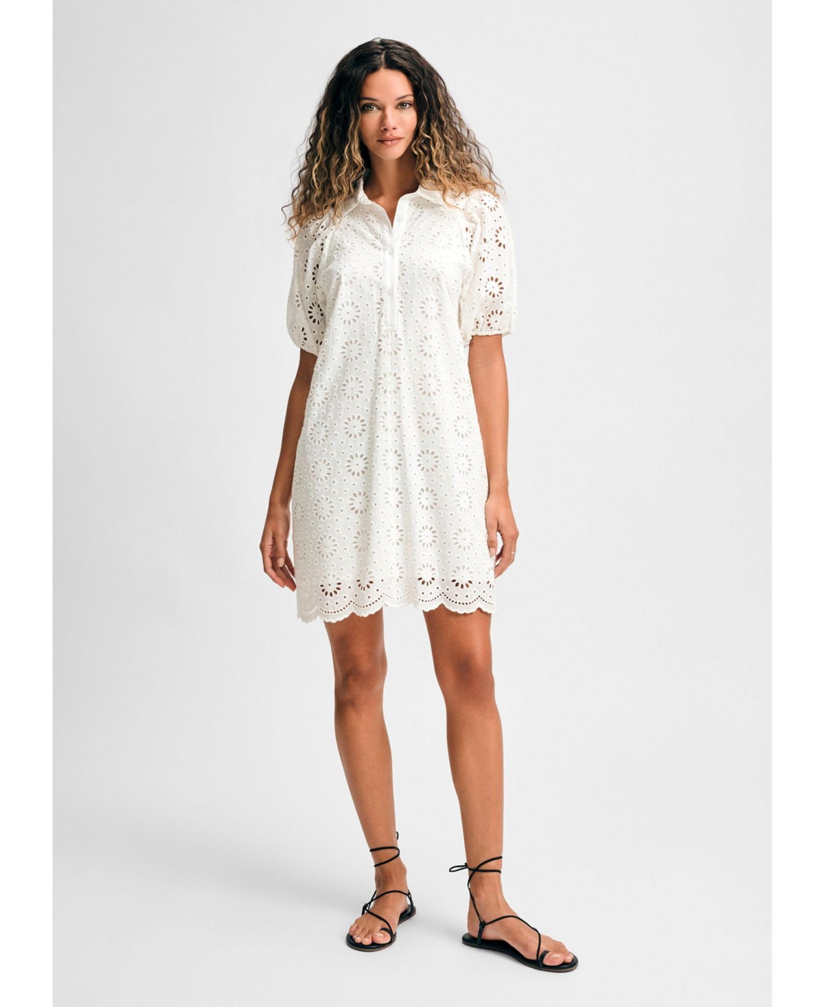 Women's Eyelet Short Puff Sleeve Shirt Dress - White