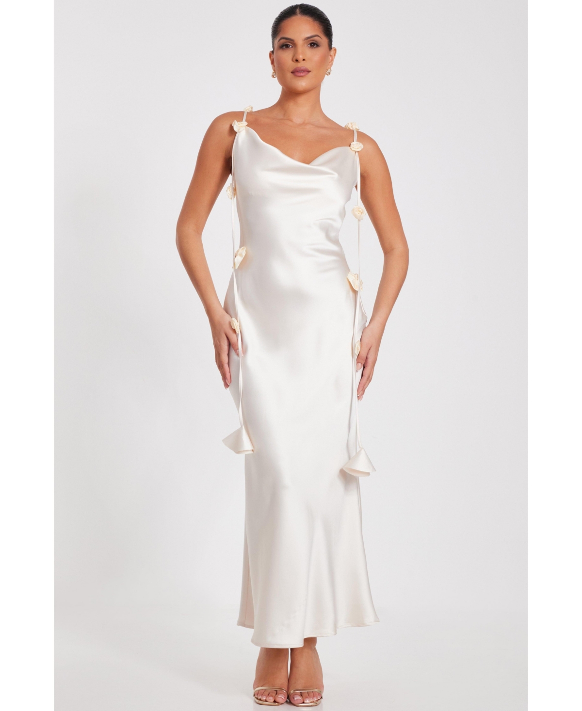 Women's Satin Cowl Neck Maxi Dress With Trailing Floral Trim - Champagne