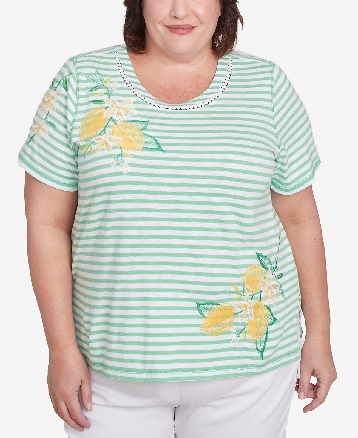 Alfred Dunner Plus Size Rise And Shine Lemon Printed Striped Top In Lime