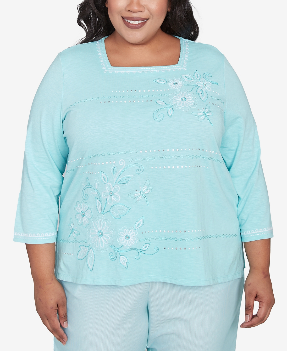 Alfred Dunner Plus Size St. Thomas Asymmetrical Dragonfly Embroidery Top In Mint