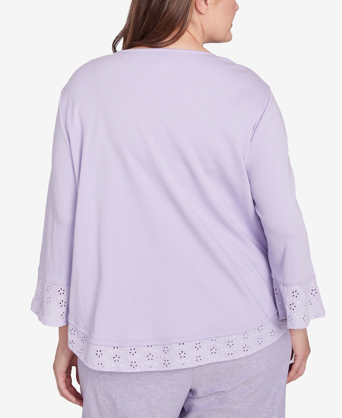 Alfred Dunner Plus Size Crystal Springs Floral Embroidered Eyelet Sleeve Top In Lilac