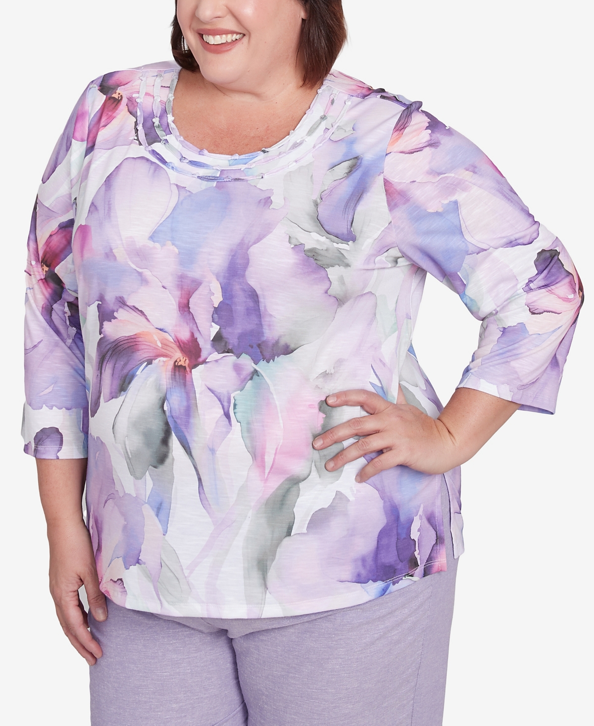 Alfred Dunner Plus Size Crystal Springs Dramatic Flower Top In Lilac Multi