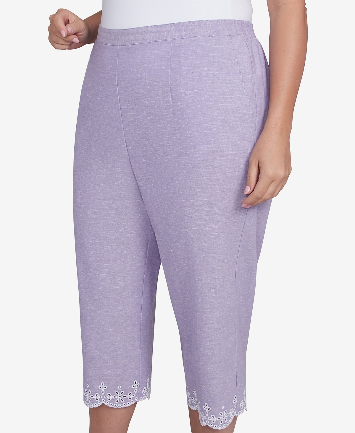 Alfred Dunner Plus Size Crystal Springs Eyelet Embroidered Capri Pants In Purple