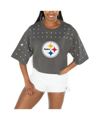 Gameday Couture - Women's Gray Pittsburgh Steelers All-Over Rhinestone Cropped Oversized T-Shirt