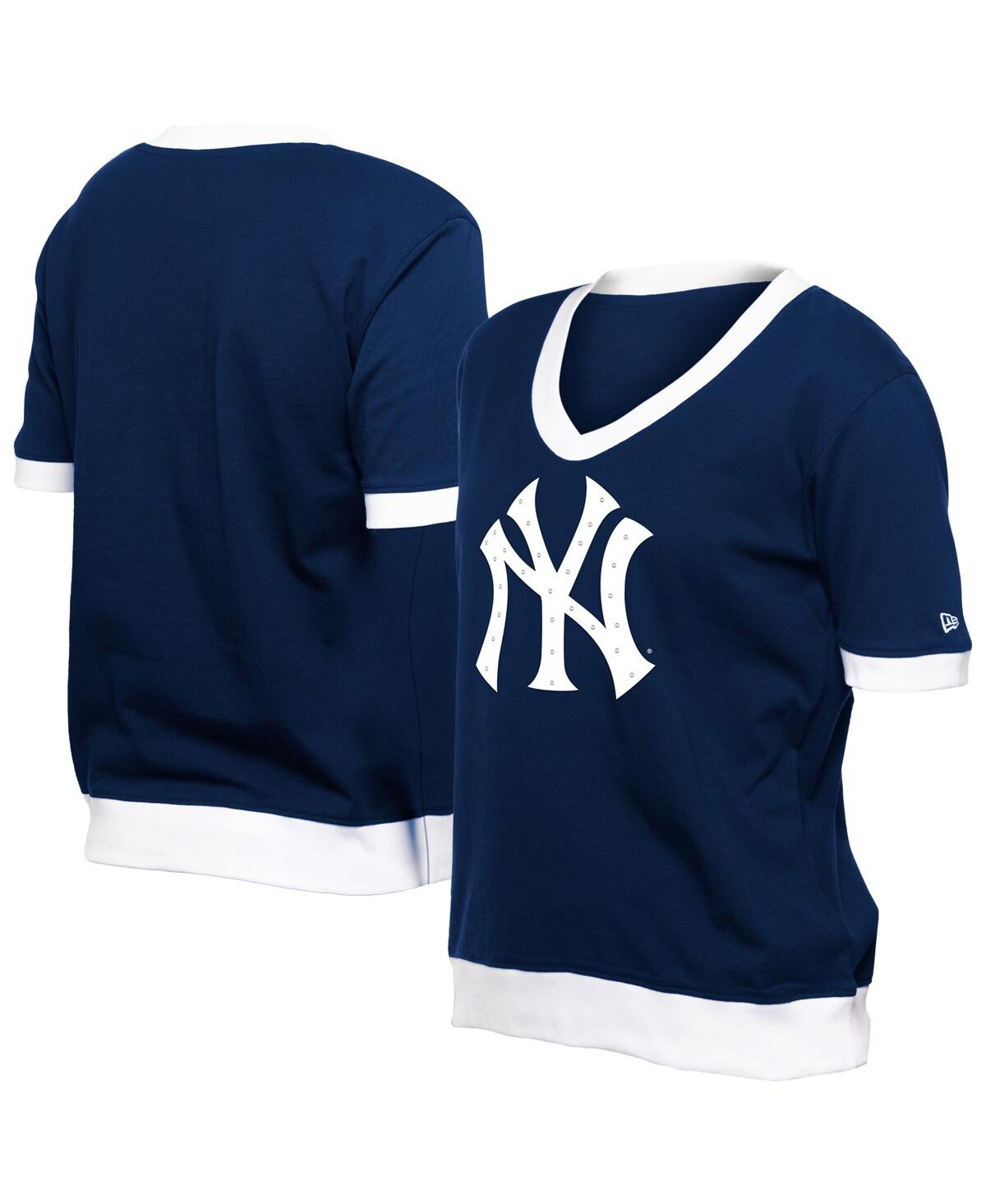 NEW ERA WOMEN'S NAVY NEW YORK YANKEES GAME DAY RHINESTONE V-NECK T-SHIRT 