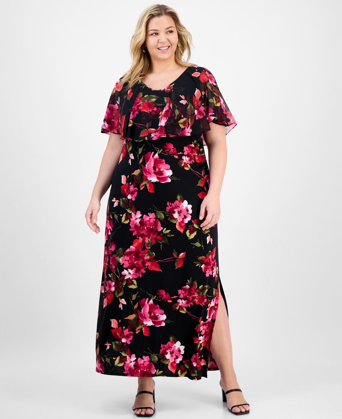 Plus Size Floral Cape-Overlay Maxi Dress - Rasberry