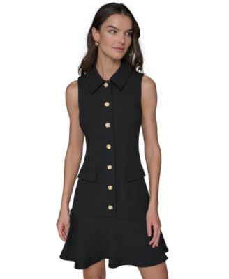 Women's Flower-Button Collared Sleeveless Shift Dress