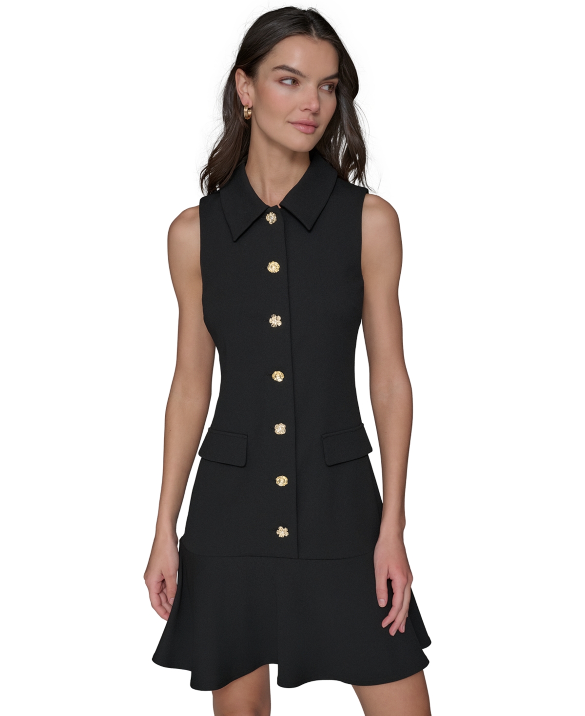 Karl Lagerfeld Women's Flower-button Collared Sleeveless Shift Dress