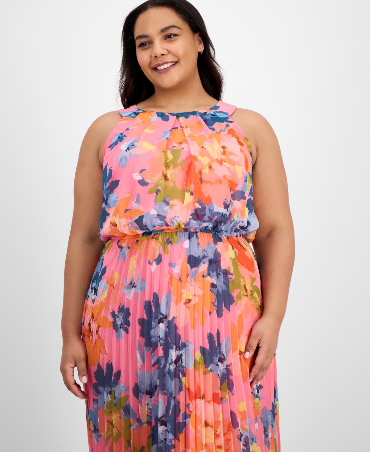 Shop Robbie Bee Plus Size Printed Pleat-skirt Maxi Dress