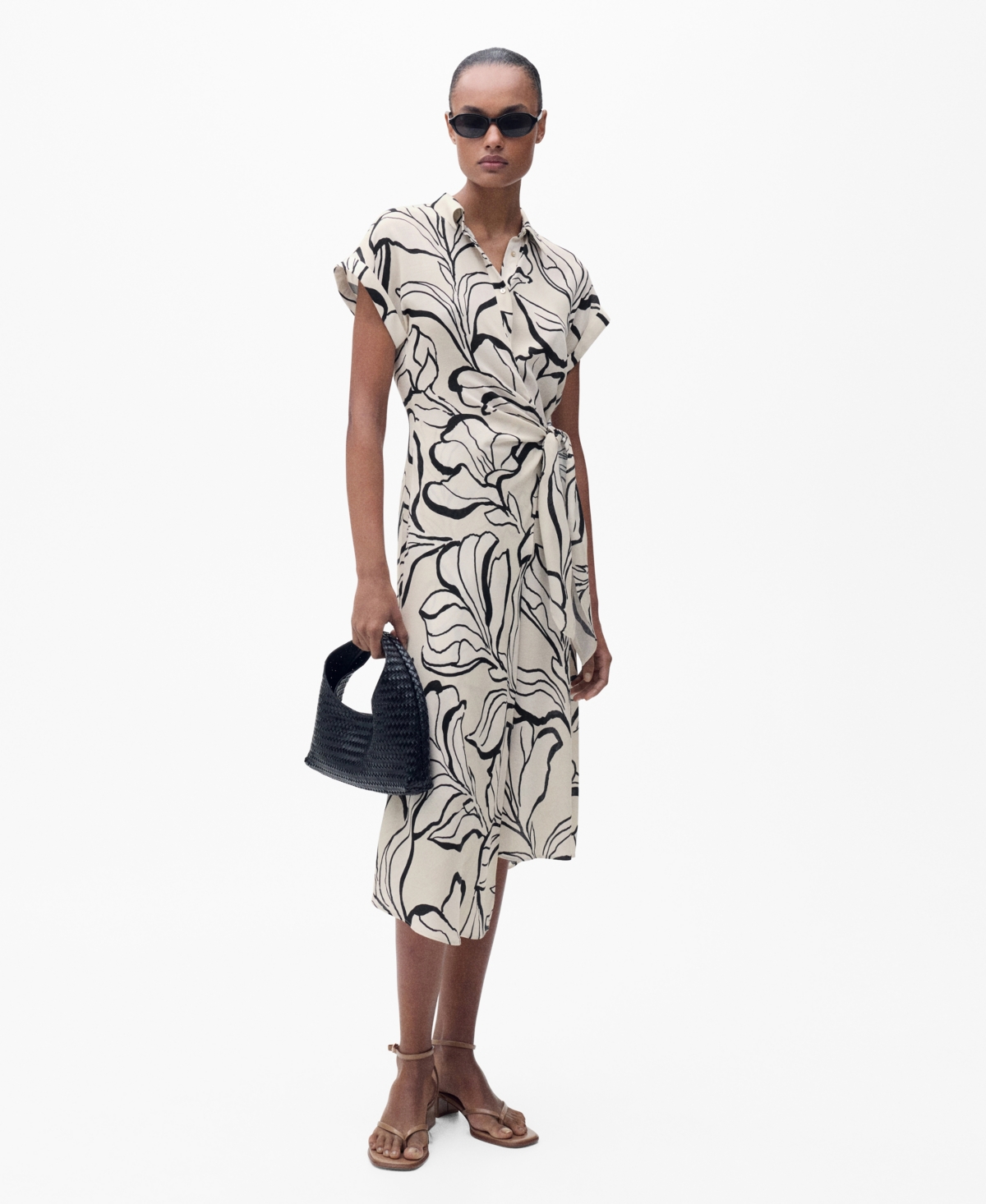 Mango Printed Dress With Knot Detail Ecru In Ecru