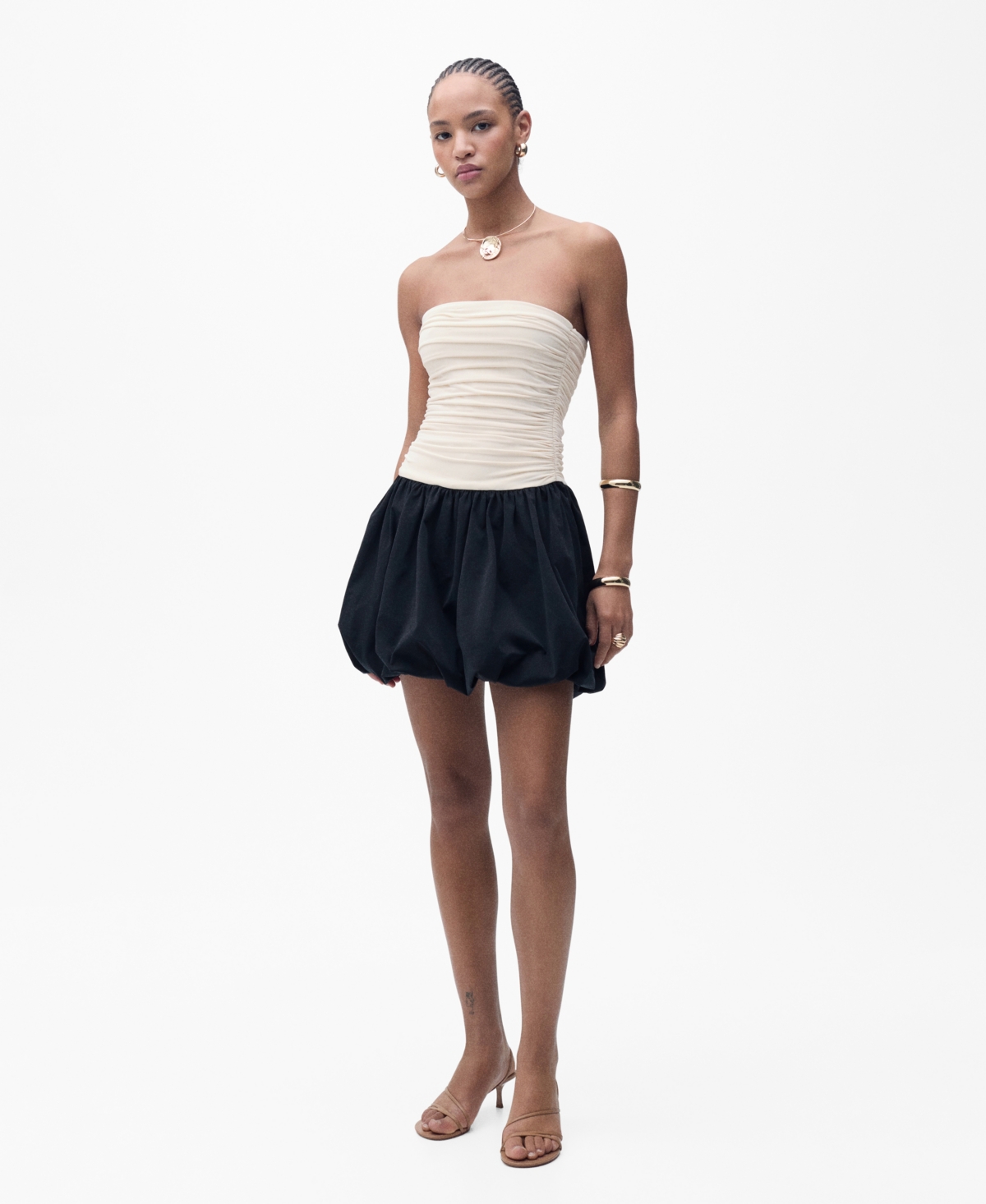 Mango Strapless Mixed Media Bubble Hem Minidress In Ecru