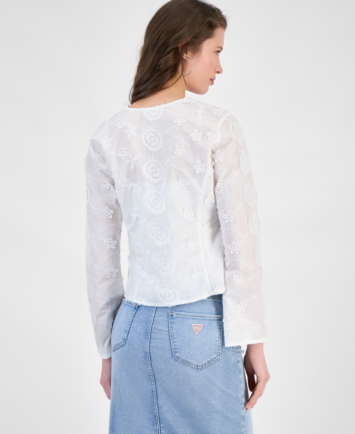Guess Aida Floral Embroidered Tie Front Long Sleeve Top In White