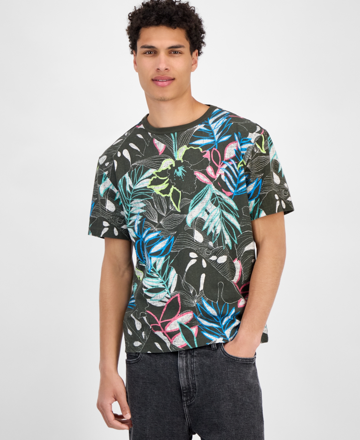 Sun + Stone Men's Domenica Short Sleeve Tropical Print Crewneck T-shirt, Exclusive At Macy's