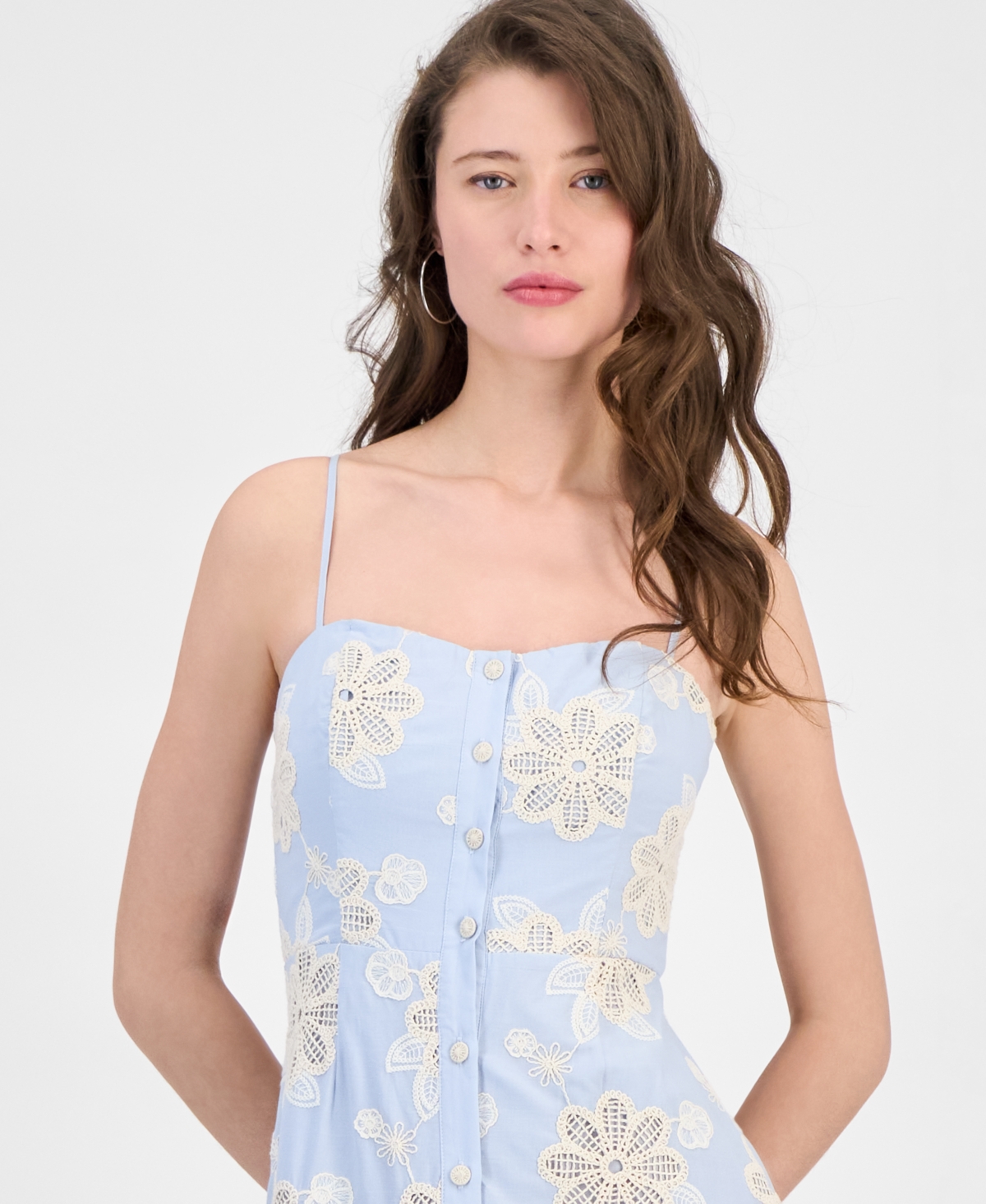 GUESS WOMEN'S FLORAL EYELET TIERED MIDI DRESS 