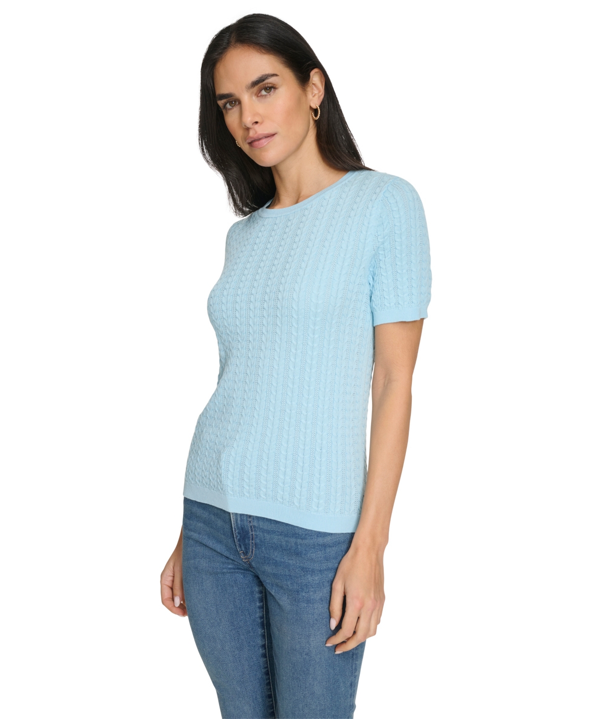 Nautica Jeans Women's Short Sleeves Rope Cable Sweater In Porcelain Blue