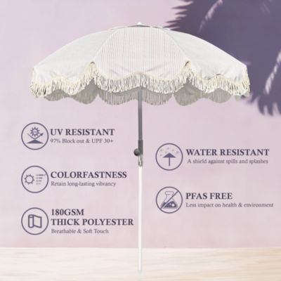 6Ft Fringe Patio Umbrella with Push Button Tilt Carry Bag