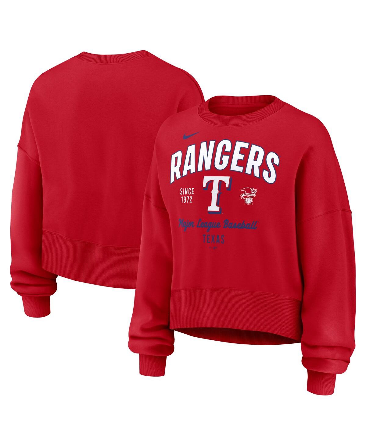 Nike Women's Red Texas Rangers Oversized Long Sleeve Cropped Pullover Sweatshirt In Red