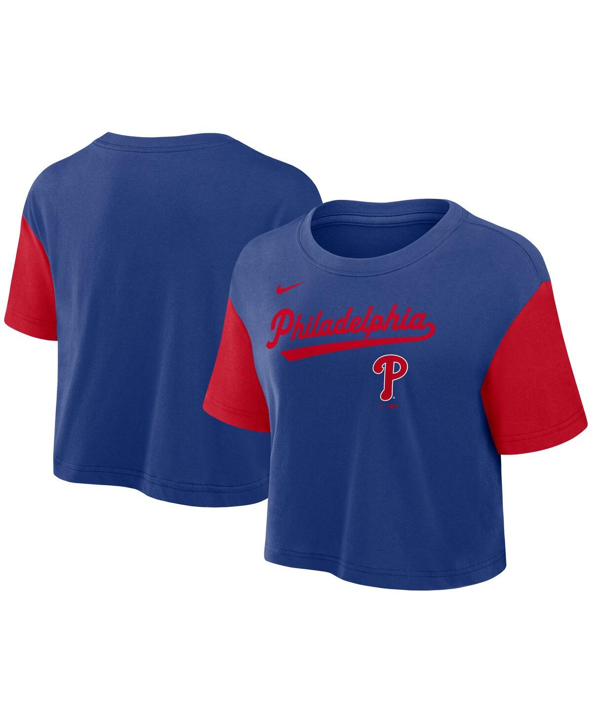 Nike Women's Royal/red Philadelphia Phillies Script Cropped Performance T-shirt In Royal,red