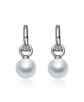White Gold Plated with Round Pearl Huggie Drop Earrings