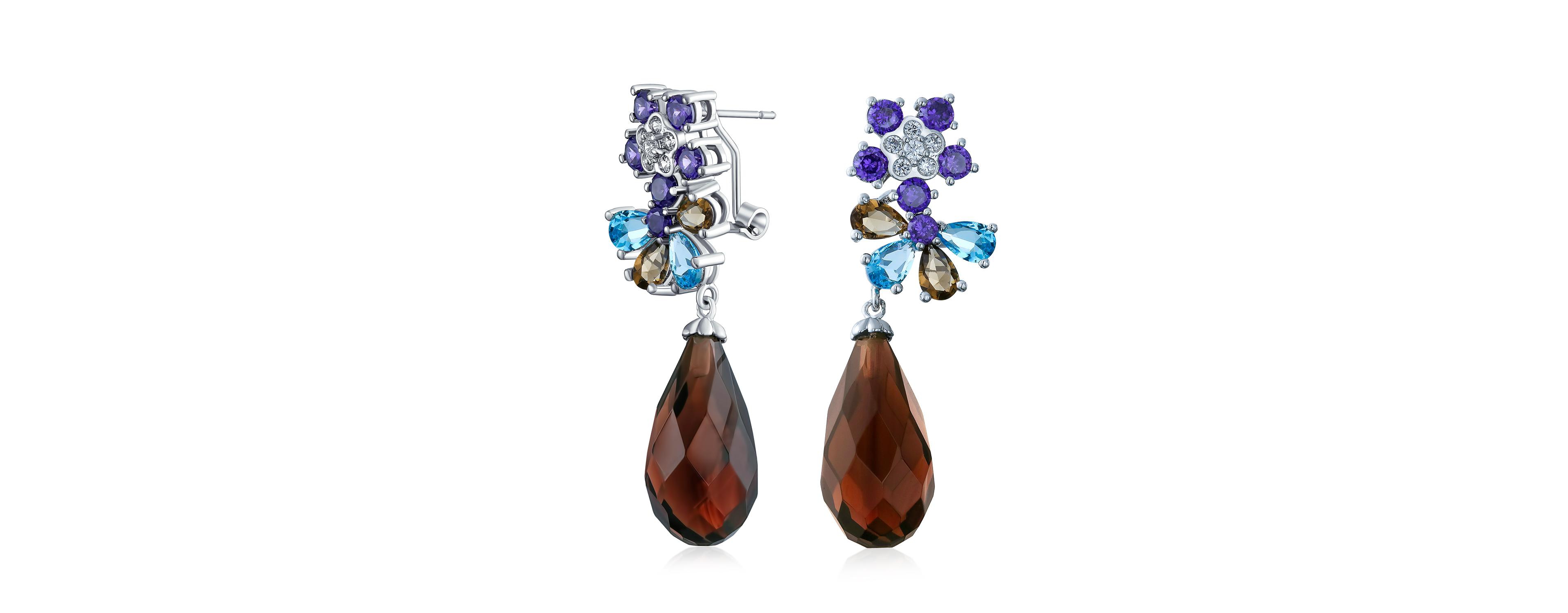 Bling Jewelry Purple Burgundy Cz Cubic Zirconia Fashion Flower Statement Dangle Teardrop Earrings Silver Plated