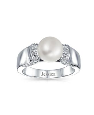 Art Deco Style Pave CZ Solitaire White Freshwater Cultured Pearl Promise Ring Silver Plated Brass