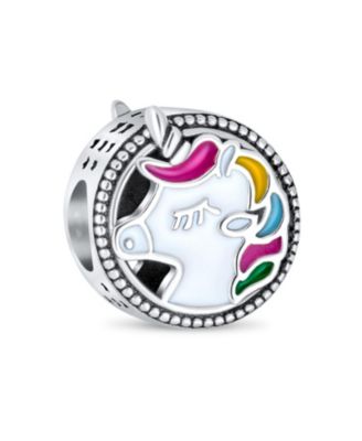 Good Luck Round Cartoon Colorful Enamel Fairy Tale Mythical Unicorn Charm Bead .925 Sterling