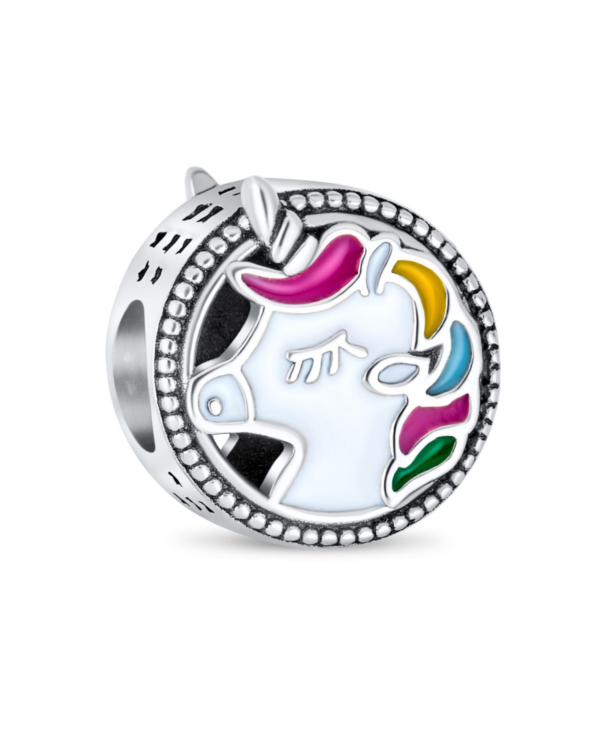 Bling Jewelry Good Luck Round Cartoon Colorful Enamel Fairy Tale Mythical Unicorn Charm Bead .925 Sterling Silver