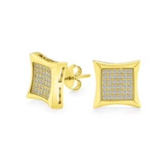 Men's Square CZ Stud Earrings – .925 Sterling Silver, Yellow Gold Plated, Micro Pave (5-12mm)
