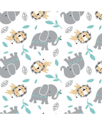 Baby Jungle Fun White/Gray/Blue Elephant & Lion Fitted Crib Sheet