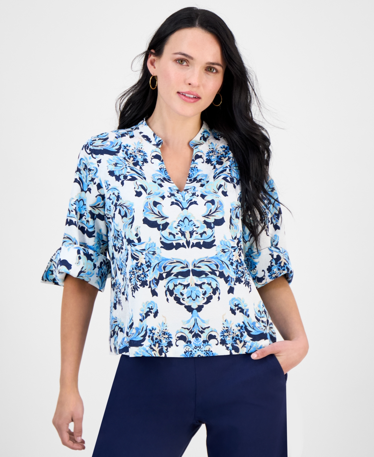 Petite Floral-Print Split-Neck Cuffed-Sleeve Top, Exclusively at Macy's - MONTAUK BLUE