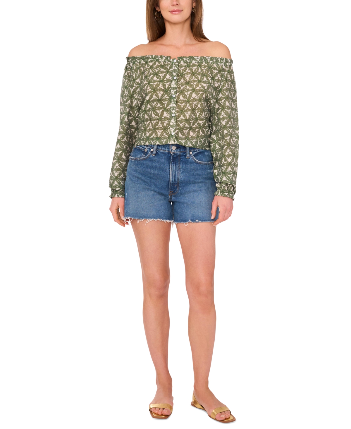 Vince Camuto Women's Floral-print Off-the-shoulder Blouse In Dark Green