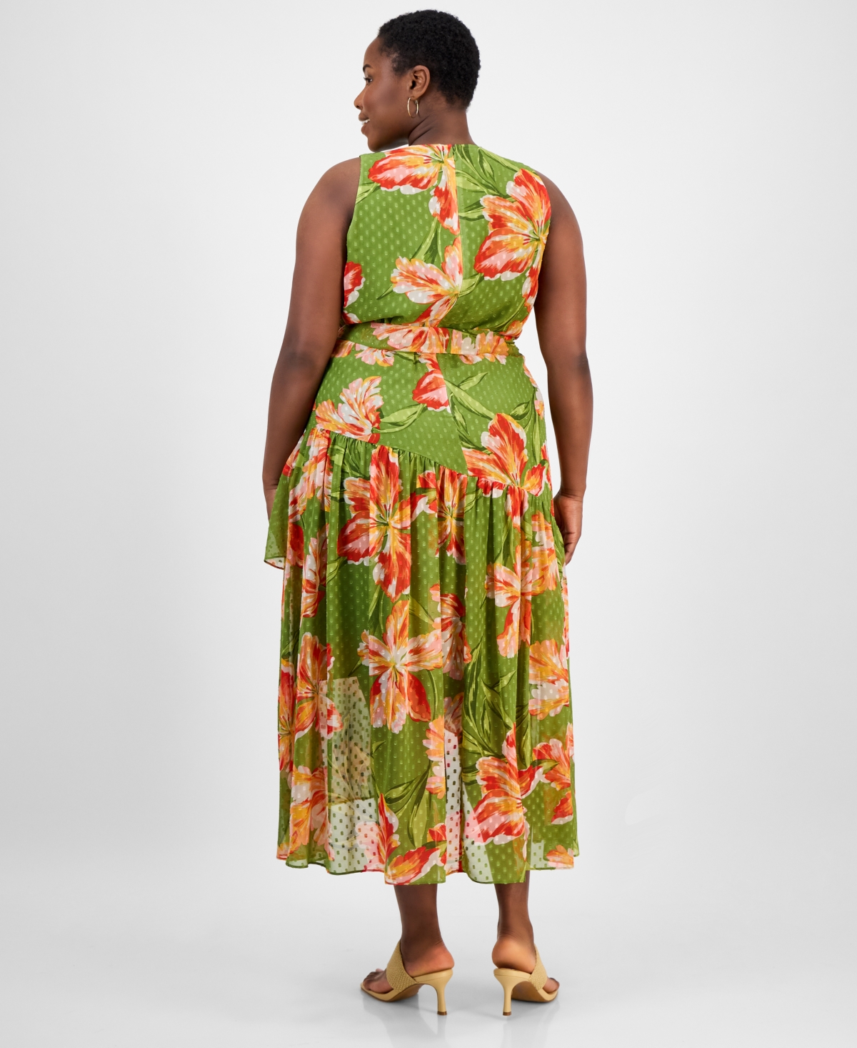 Anne Klein Plus Size Floral Chiffon High-low Dress In Green