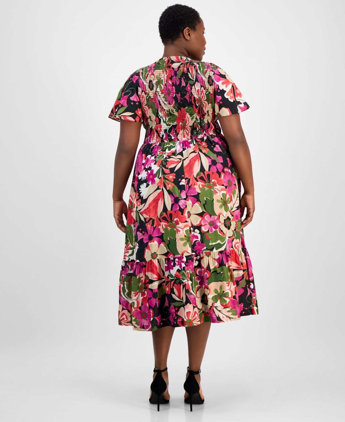 Anne Klein Floral Smocked Flutter Sleeve Cotton Maxi Dress In Multi