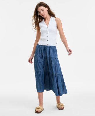 Womens Cotton Collared Sleeveless Sweater Three Tier Chambray Midi Skirt