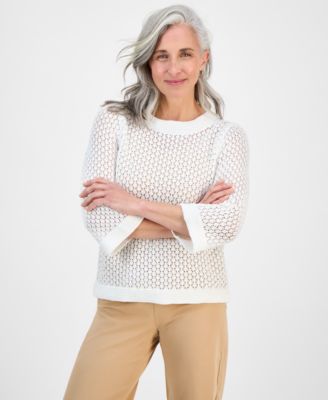 Style & Co - Petite Open-Stitch 3/4-Sleeve Cotton Sweater, Exclusively at Macy's
