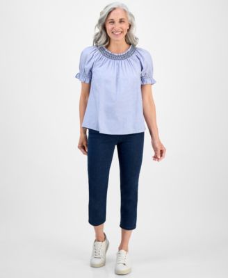 売れ筋商品|||スタイルアンドコー カットソー トップス レディース Petite End on End Contrast-Stitch Top, Exclusively at Macy's Summer Eoe Blue Style & Co Cotton Petite Shirts & Tops - Macy's